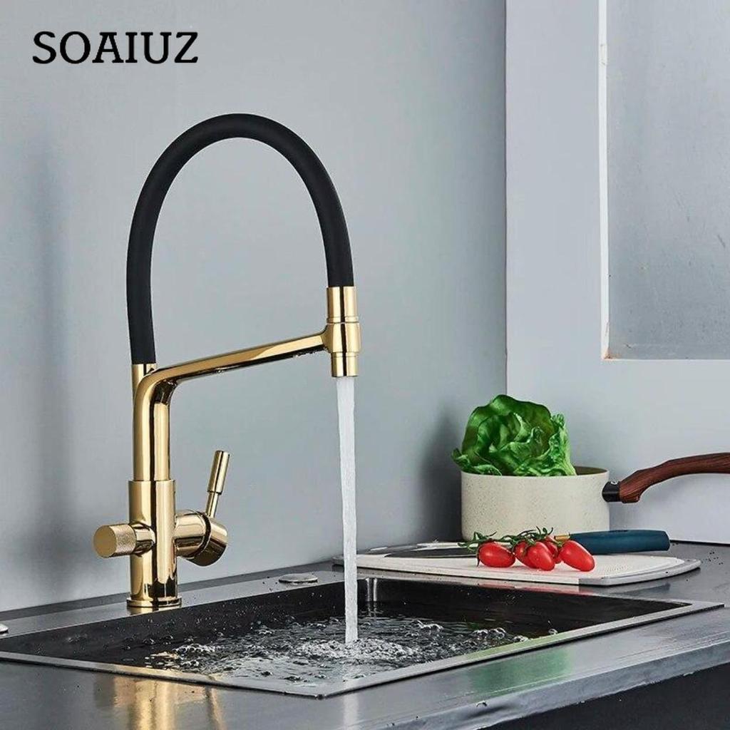 Filter Kitchen Faucet Black Dual Spout Drinking Water Faucet Mixer 360 Degree Rotation Hot Cold Water Purification Feature Tap