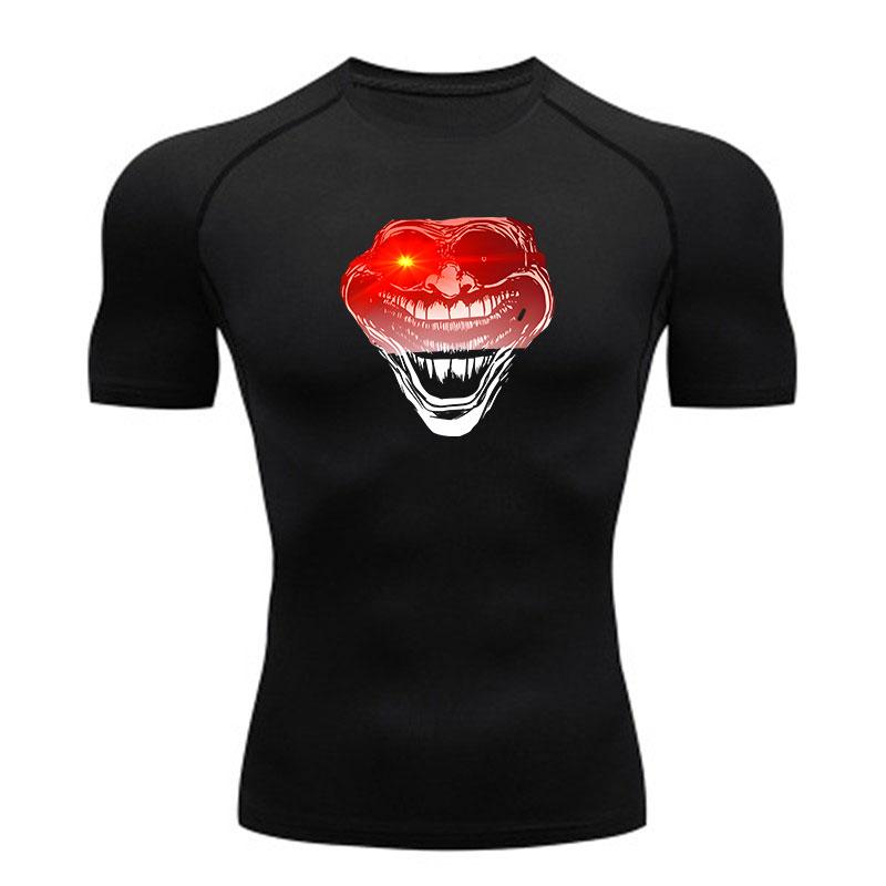 Men Compression Fitness Workout T-Shirt, Scary Red Grin Glow