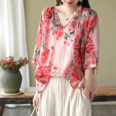 Camicia estiva Top con stampa floreale vintage Top da donna con scollo a V Camicette larghe chic per il tempo libero Camicie a mezza manica sottili in lino di cotone Lady