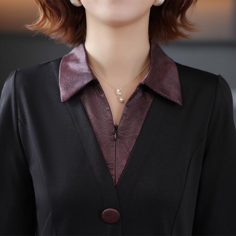 2026 Stylish Patchwork Lapel Dress for Middle-Aged & Elderly Women - Slimming Midi for Spring & Autumn