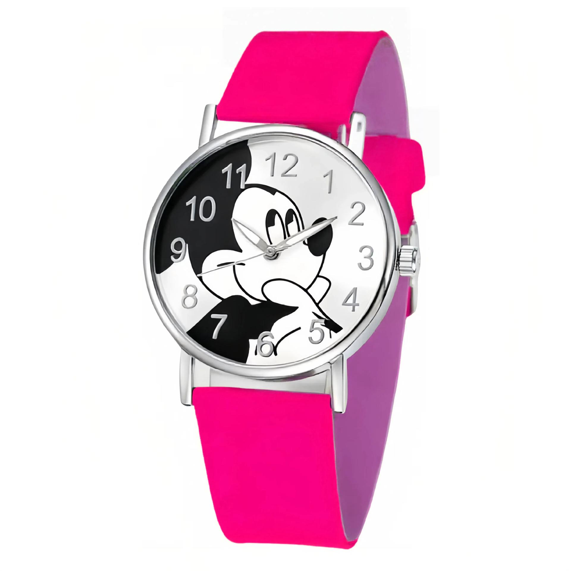Children s Fashion Mickey Mouse Leather Strap Quartz Wristwatch розы красного