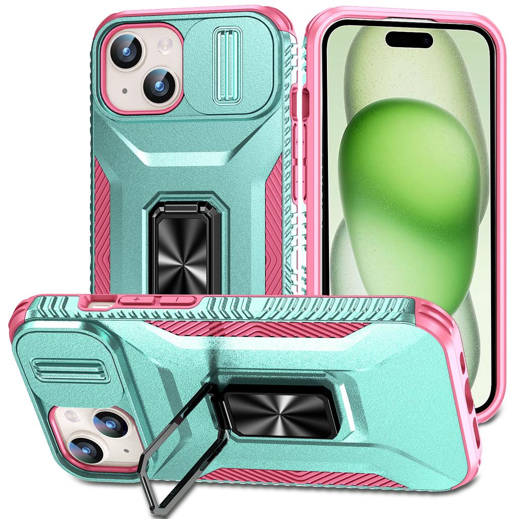 For iPhone 15 Case Camshield Kickstand TPU+PC Anti-Slip Phone Cover