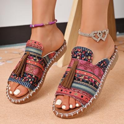 Mode Femmes Couleur Style Ethnique Pantoufles Été Bout Rond Sandales Grande Taille Décontractées Plage Antidérapantes Chaussures Légères Zapatos Mujer
