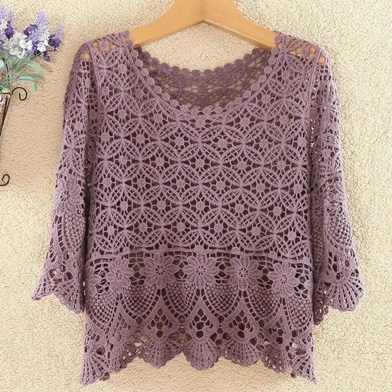 Hollow Sun Protection Knitted Layered Top for Women's Summer Outerwear with Loose Fitting Design and a Niche Half Sleeved Top