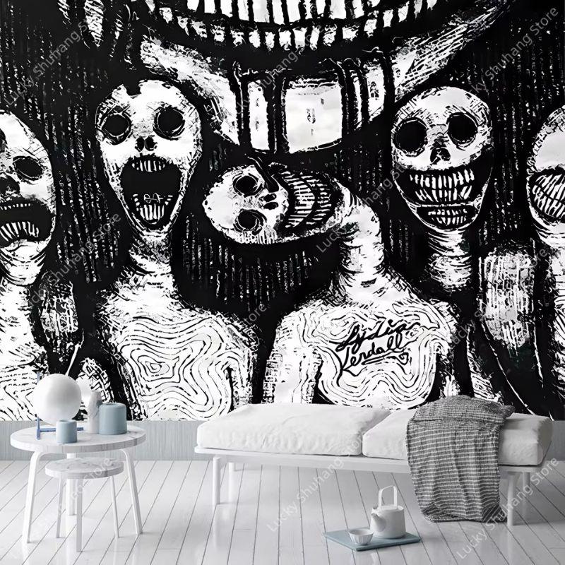 Horror Monster Sketch Tapestry, Dark Devil Portrait Wall Hanging, Aesthetic Bedroom Dorm Esports Room Decor