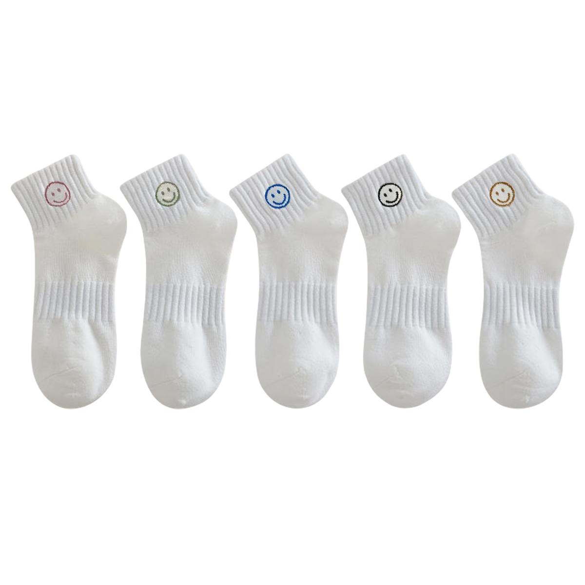 

5 пар женских простых носков до щиколотки в стиле Инс с белым смайликом One Size