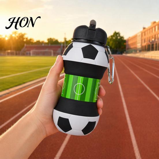 Portable Sports Cup Collapsible Silicone Ball Water Bottle, 550ml Foldable Football Bottle with Heat Resistant Mug Climbing Buckle, Leak Proof