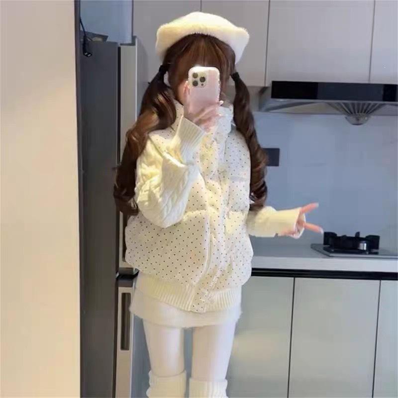 Twist knitted splicing cotton clothes women's winter thickened fake two-piece stand-up collar polka dot cotton-padded jacket