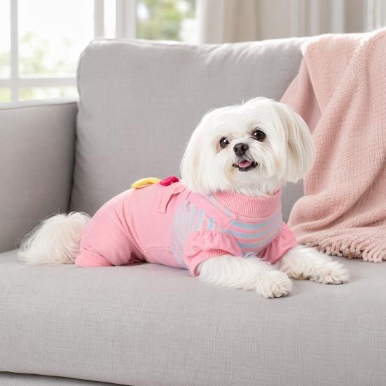 huaqianguhh Striped Cartoon Dog Jumpsuit, Cute Big Mouth Four-Legged Outfit with Ruffled Sleeves, Funny Onesie Clothes for Small Dogs Teddy