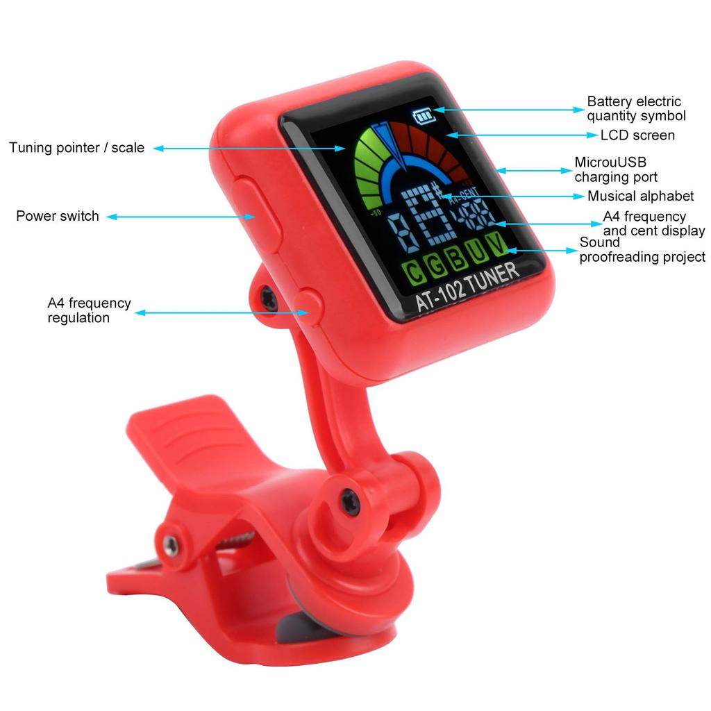 USB Guitar for and String Clip-on Tuner, Rechargeable, Half-Tone Compatible, Bass, Ukulele, Violin, Instruments, AT-102 (Red)