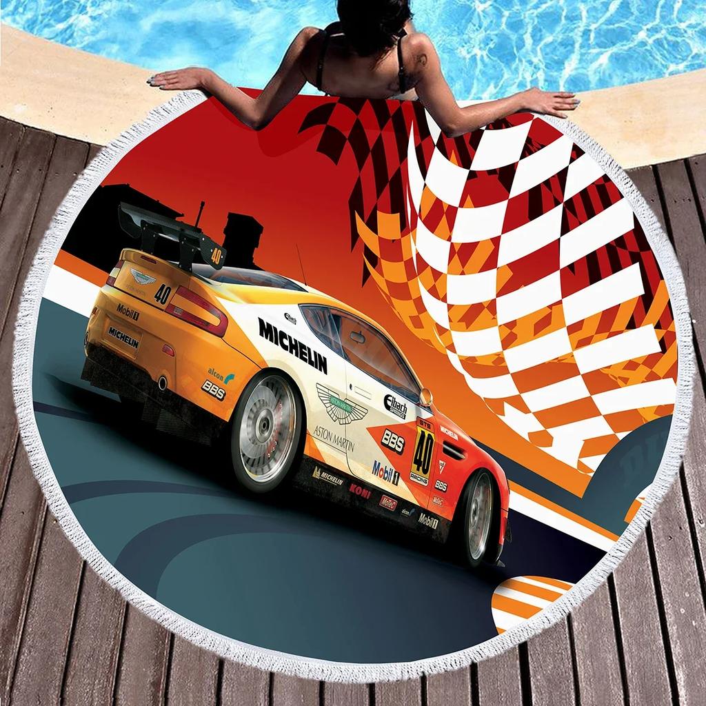 Sport Car Round Beach Towel,Cool Racing Print Sand Resistant Beach Blanket,Absorbent Quick Dry Pool Towel Portable Picnic Mat