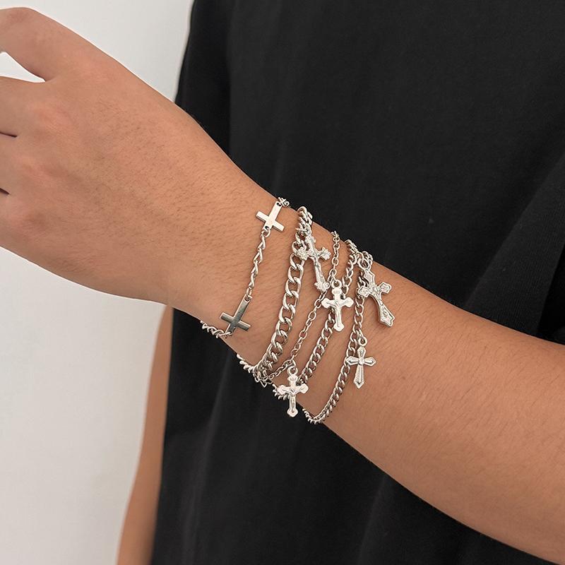 Y2K Stacking Cross Bracelet Set For Men Vintage Multilayer Charm Chain Bracelets Hip Hop Jewelry