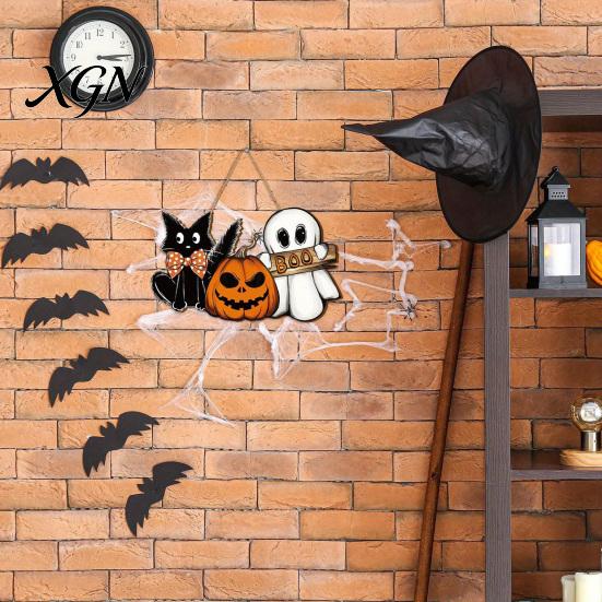 Boo Wall Art Signs Halloween Wooden Welcome Door Sign, Vintage Black Cat Jack-o-lantern Ghost Hanging Event Venue Supplies Decoration, Horror Hangings