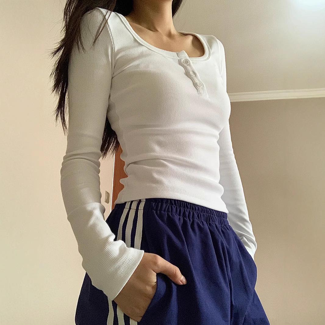 

White Square Neck Slim Fit Long Sleeve T-Shirt for Women M белый
