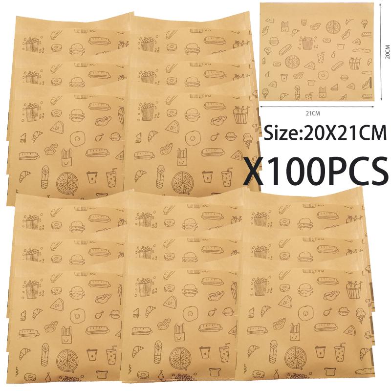 100/50Pcs Greaseproof Paper Bag Disposable Packaging Baking Paper Dessert Sandwich Burger Package Bag Kitchen Accessories