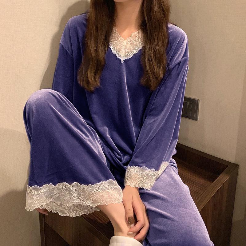 Gold Velvet Lace Pajama Set for Women Autumn and Winter Long Sleeve Women's Nightgown Set Plus Size Home Wear