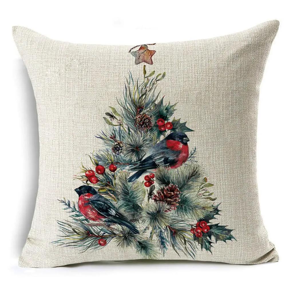 45*45Cm Merry Christmas Cushion Cover Birds Garland Pillowcase Single Sided Print Polyester Sofa Pillow Case For Home Xmas Decor