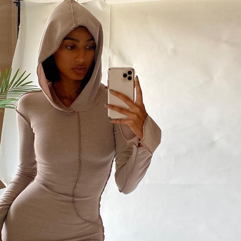 Uzun Kollu Kapşonlu Patchwork Sıska Maxi Elbise Sonbahar Kış Kadın Moda Sokak Şıklığı Rahat Kıyafetler