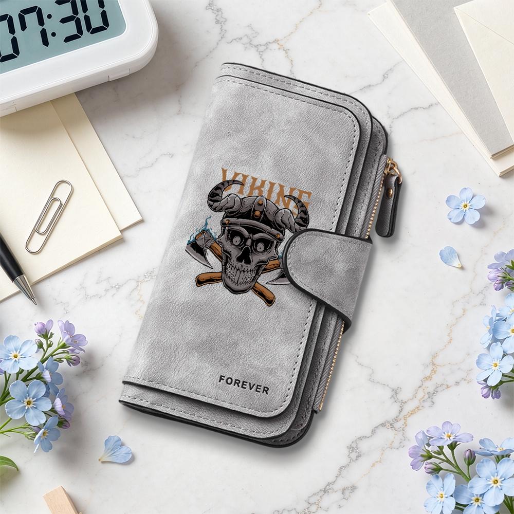 Viking Skull Print Leather Long Wallet Fashion Casual Multi Card Holder Purse