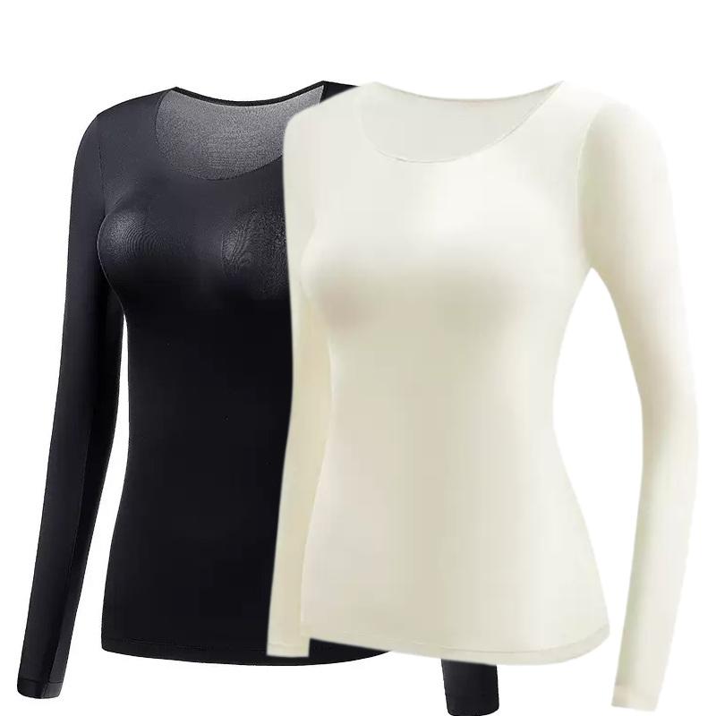 2 Stück Damen Thermounterwäsche Herbst Winter Unterhemd Langarm-T-Shirt Dünnes Oberteil Zweite Haut Damen Thermisch L-XL
