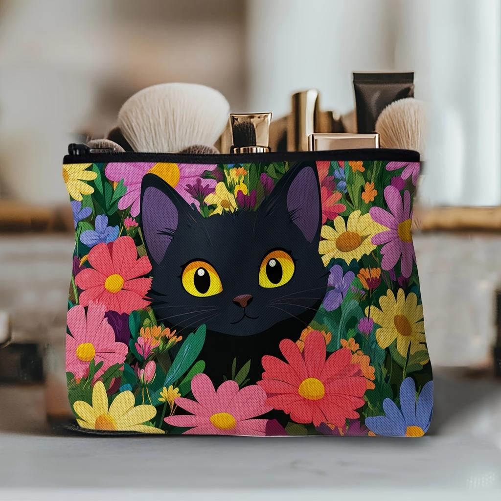 Charming Black Cat & Floral Canvas Organizer Bag - Cartoon Style Zippered Makeup Pouch, Makeup Travel Ba