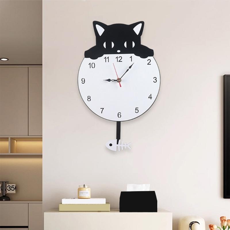 Quiet Movement Acrylic Pendulum Wall Clock with Funny Cats Fish Design Arabic Numerals for Living Room Bedroom Decors