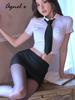 Agnel x Sexy Lingerie Blouse, Shirt, Tie, Mini Skirt, Garter, Stockings, Uniform, Office Lady Cosplay, White, Black, X091 (White, Free Size)