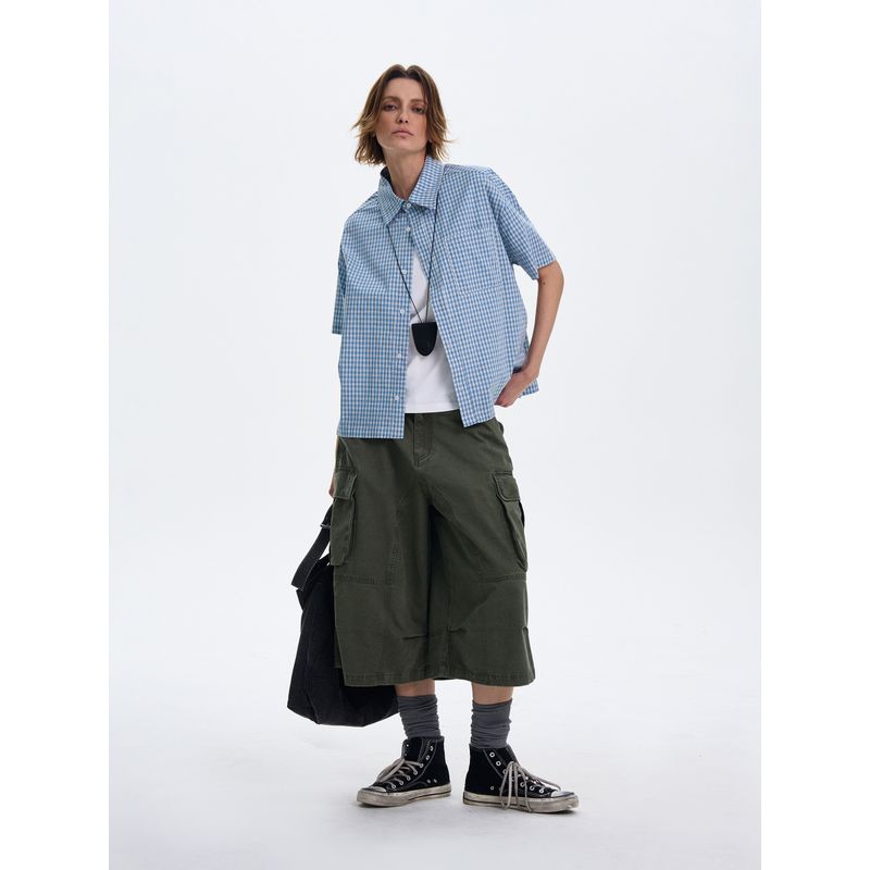 Madwitch American Casual Plaid Short-Sleeved Shirt for Men, Loose Retro Versatile Plaid Short Shirt Top Trendy