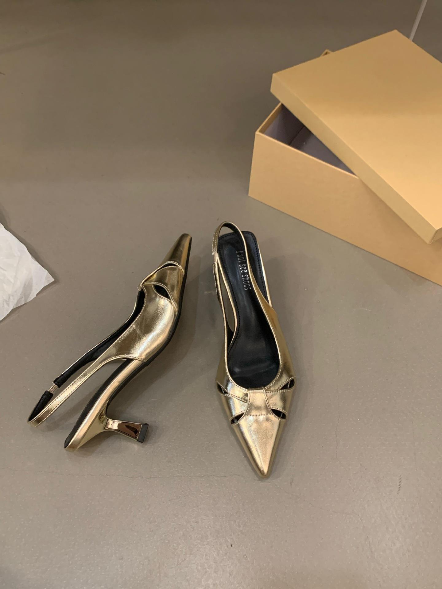 

Модные французские темпераментные черные босоножки Baotou на высоком каблуке для женщин 2024 года, новые летние серебристые туфли с острым носком 36 золотой