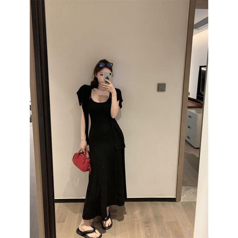 Kumikumi Pure Desire Style Stripe Lace-up Temperament Sling Dress Women Summer Waist Hugging Slimming A- line Skirt Long dress