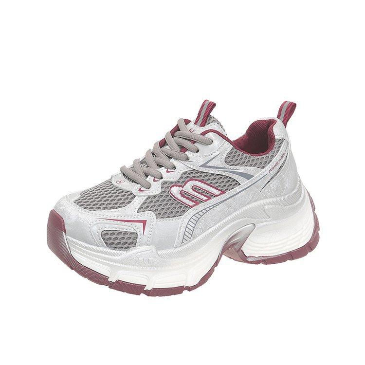European Gray Popular Thick-soled Heightening Dad Shoes for Women 2025 Autumn New Mesh Breathable Fashion Casual Shoes Tide