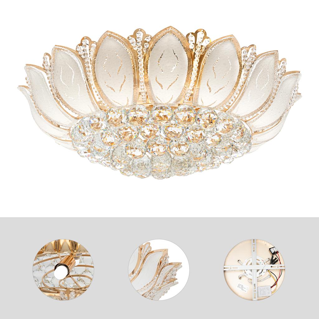 Modern Lotus Crystal, 7-Head Pendant Light Flush Mount Chandelier with Remote LED Ceiling Lamp K9 Crystal for Living Room