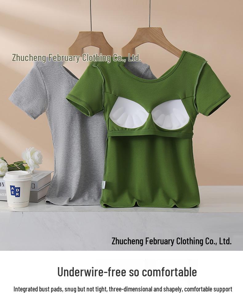 Dámské tričko s krátkým rukávem bez podprsenky - Čistá bavlna, Všitá podprsenka, Krásná záda, Zeštíhlující střih, Letní top