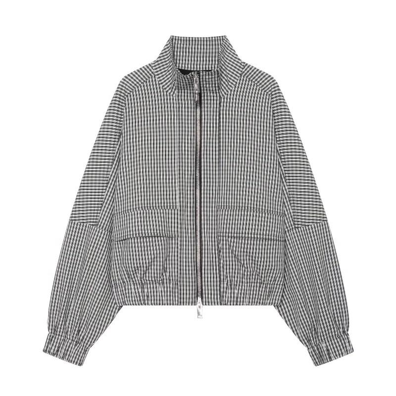 Womens Oversized Neutral Trench Coat Black White Plaid 2026 Loose Fit Stand Collar Zipper Long Sleeve
