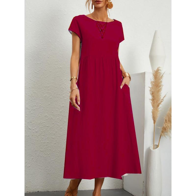 QICED Fashion Summer Spring Solid Color Print Short Sleeve O-Neck Casual Dresses