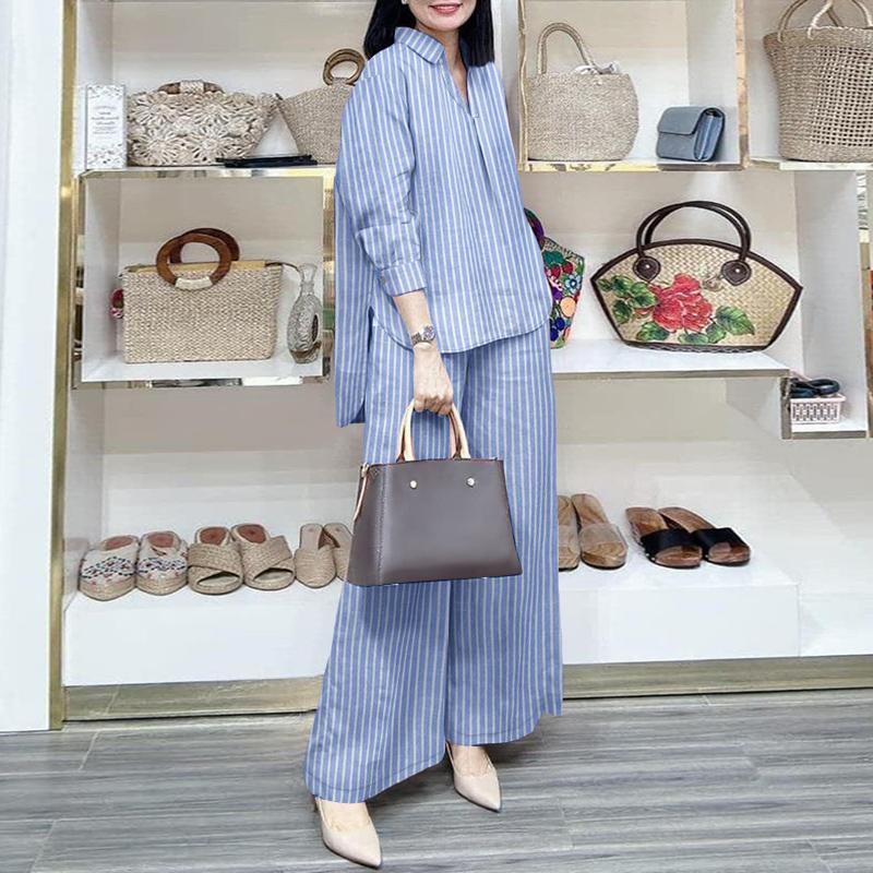 ZANZEA Women Long Sleeve Blouse and Pants Stripe Print Casual Two Piece Sets