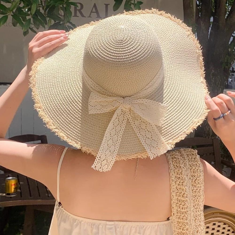 New Lace Outdoor Sun Hat Bow Frills Elegant French-style Beach Hat Stylish Lace Straw Cap