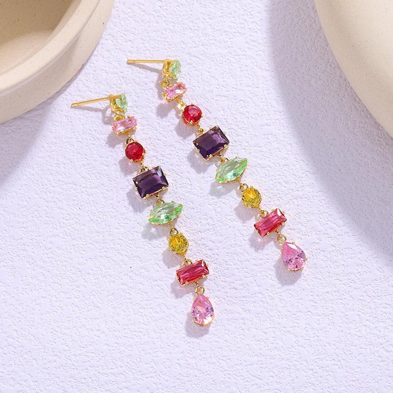 Dopamine Geometric Zircon Tassel Earrings: Colorful, Light Luxury, Fashionable.
