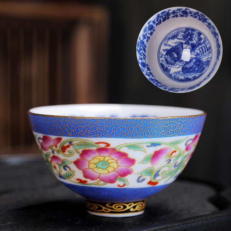 Ceramic Enamel Color Tasting Single Blue and White Douli Japanese Style Filigree Tea Bowl Kung Fu Master Cup Gift Bo