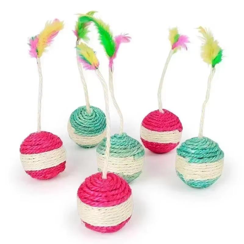 1/3pcs Pet Cat Toy Sisal Scratching Ball Training Interactive Grinding Claw  Toy Belt With Colored Feathers Pet Sisal Toys