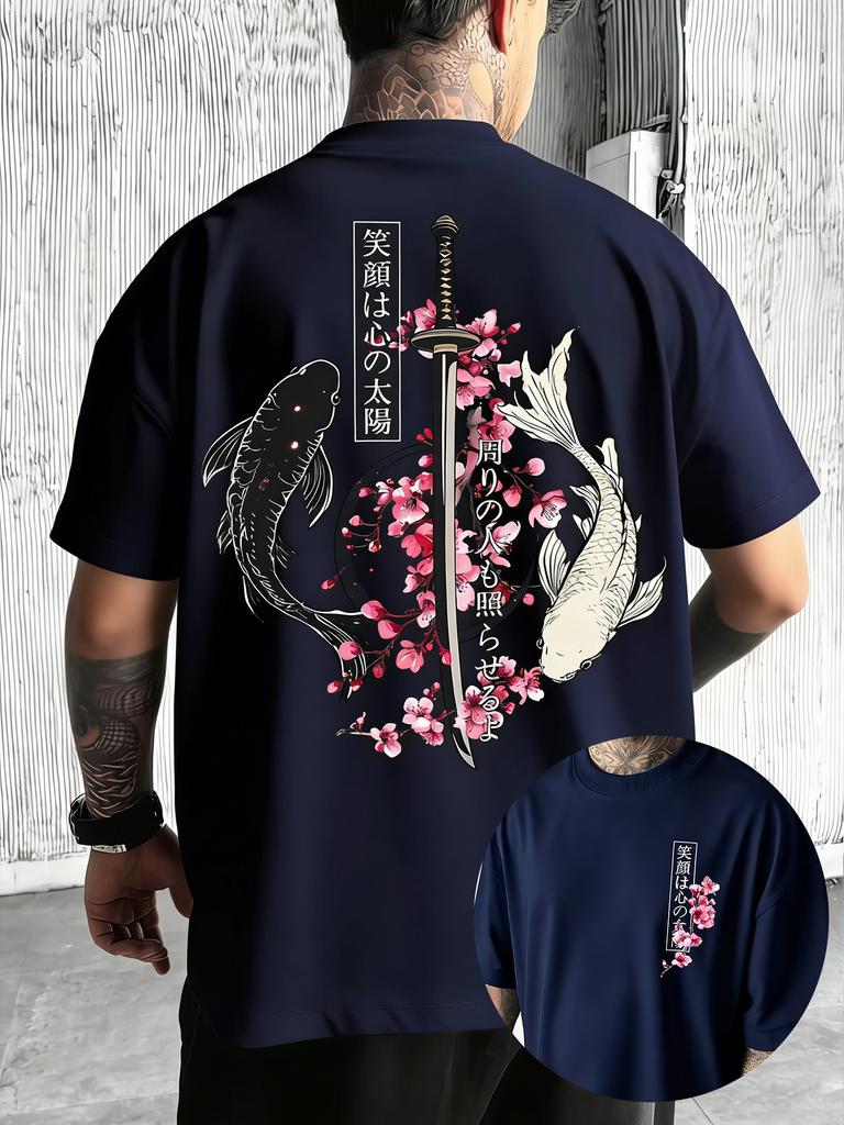 2026 New Style Mens Summer Japanese YinYang Carp Fish and Samurai Sword Pattern Loose Comfortable TShirt