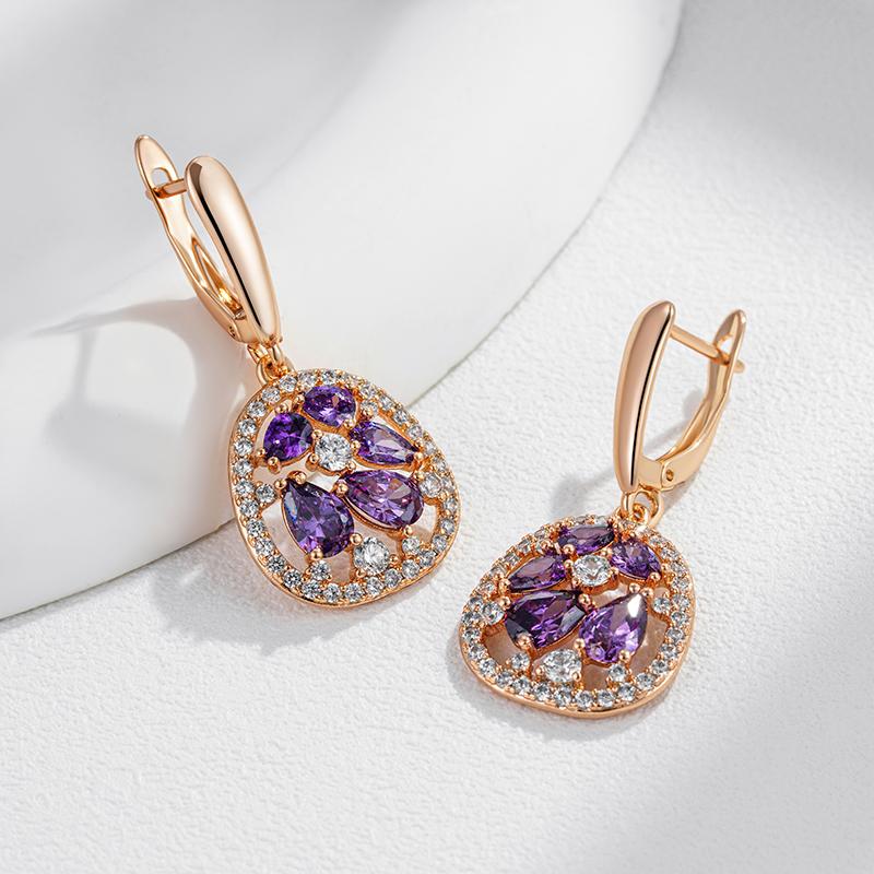 Shiny Purple Natural Zircon Drop Earrings For Women Trend  Rose Gold Color Bride Wedding Fine Jewelry Crystal Gift