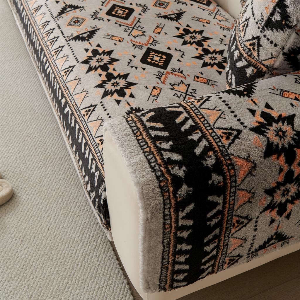 1pc Boho Print Flannel Fleece Autumn/Winter Thicken Plush Sofa Cover for Living Room Couch Cushion Slipcover Furniture Decor