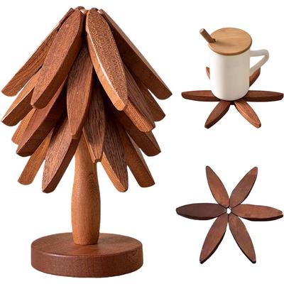 Wooden Trivets Kit For Hot Dishes With 4 Wooden Trivet + 1 Stand (Walnut Wood)