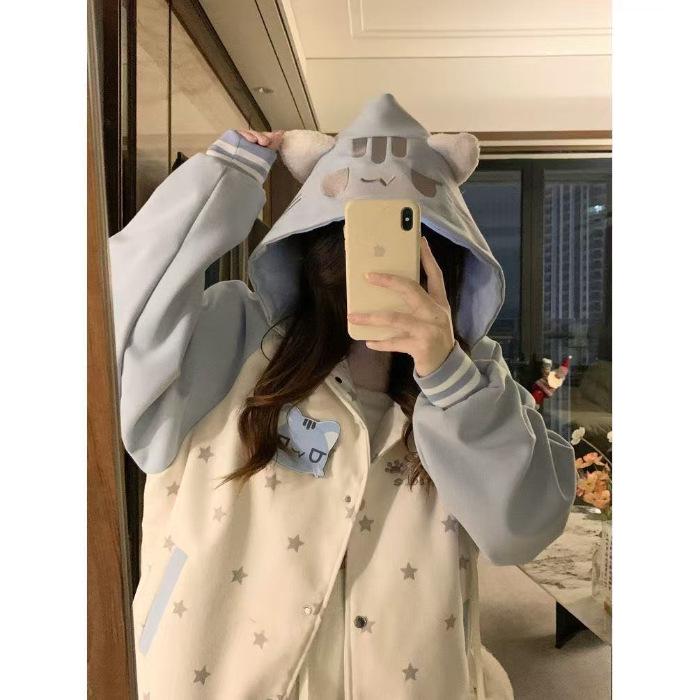 Women s Cute Cat Velcro Color Block Hooded Jacket - Sweet Autumn/Winter Baseball Style L