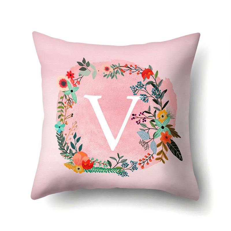 Polyester Pillowcase Pink Flower Home Decoration Print 26 English Letter Cushion Pillowcase