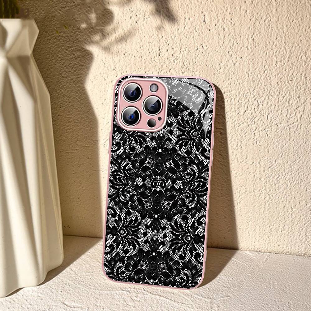 Black Lace Pattern Personalized Mobile For IPhone 14 13 12 Mini 11 Pro XS Max X XR 14 Plus Tempered Glass Cover
