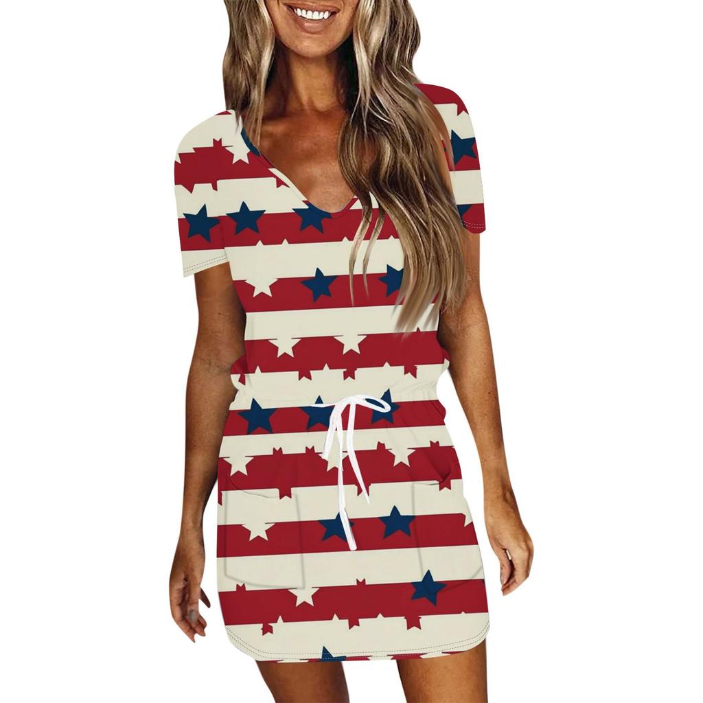 Damskie Casualowe Sukienki z Dekoltem V, Krótkim Rękawem, Sznurkiem i Nadrukiem na Dzień Niepodległości