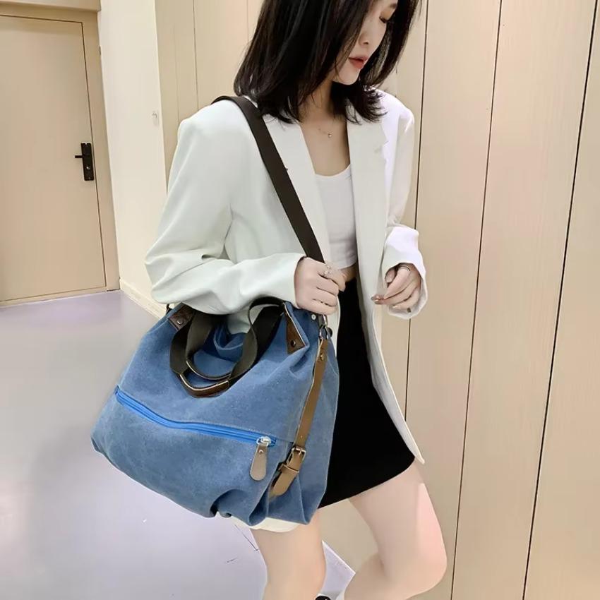 Fashiable and Trendy Portable Crossbody Bag Canvas Color Ctrast Casual Women's Large Capacity Tote Bag