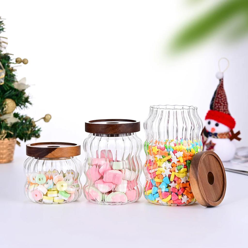 Capac de lemn cu dungi din sticlă, sticle de depozitare sigilate, borcane pentru ceai, cafea, boabe, bomboane, organizator, recipiente din sticlă pentru alimente, bucătărie